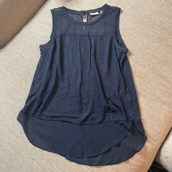 DKNYC Navy Blue Mesh Sleeveless Tank Top Small High Low Multi Fabric Work Office - Picture 1 of 4
